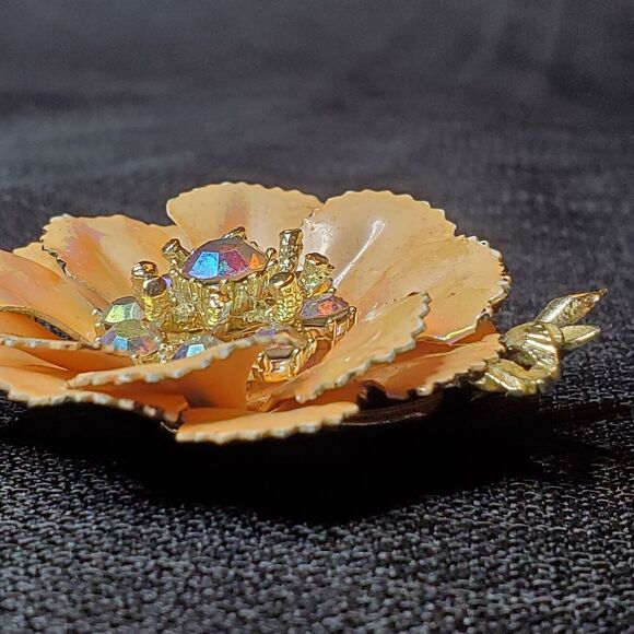 VTG Signed CORO Trembler Brooch AB Rhinestones Gold Tone Enamel Peach Poppy 3" - Picture 3 of 16